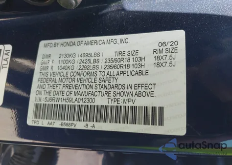 2020 Honda Cr-V 2Wd Ex from USA, damaged, VIN 5J6RW1H59LA012300